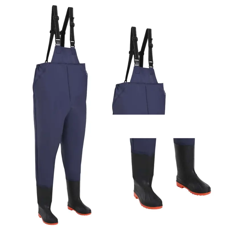 Traje de agua tipo peto con botas azules. Fabricado en PVC de alta densidad. Protección 100% impermeable para cazadores, pescadores y operarios.
